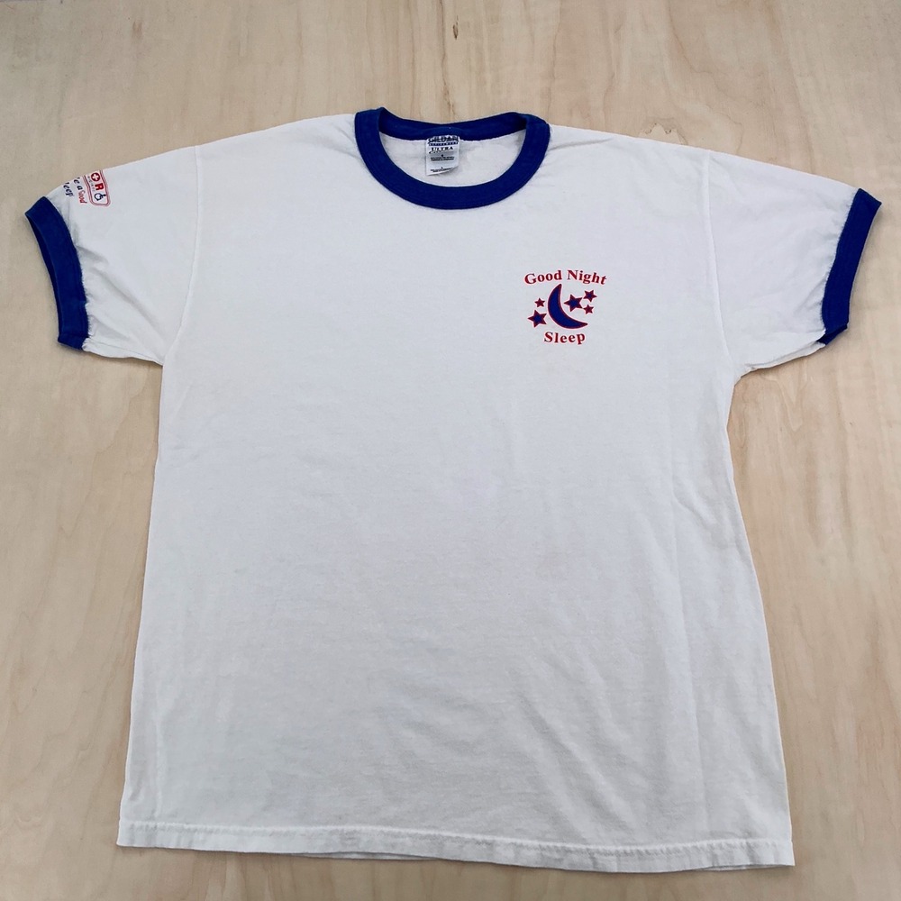 Gildan T-Shirt Mens L White Blue Ringer Good Night Sleep Moon Stars Vintage Y2K